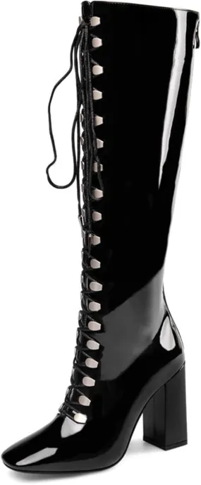 9Cm High Heels Ladies Sexy Over The Knee Boots Patent Leather Lace Up Ladies Dance High Heels