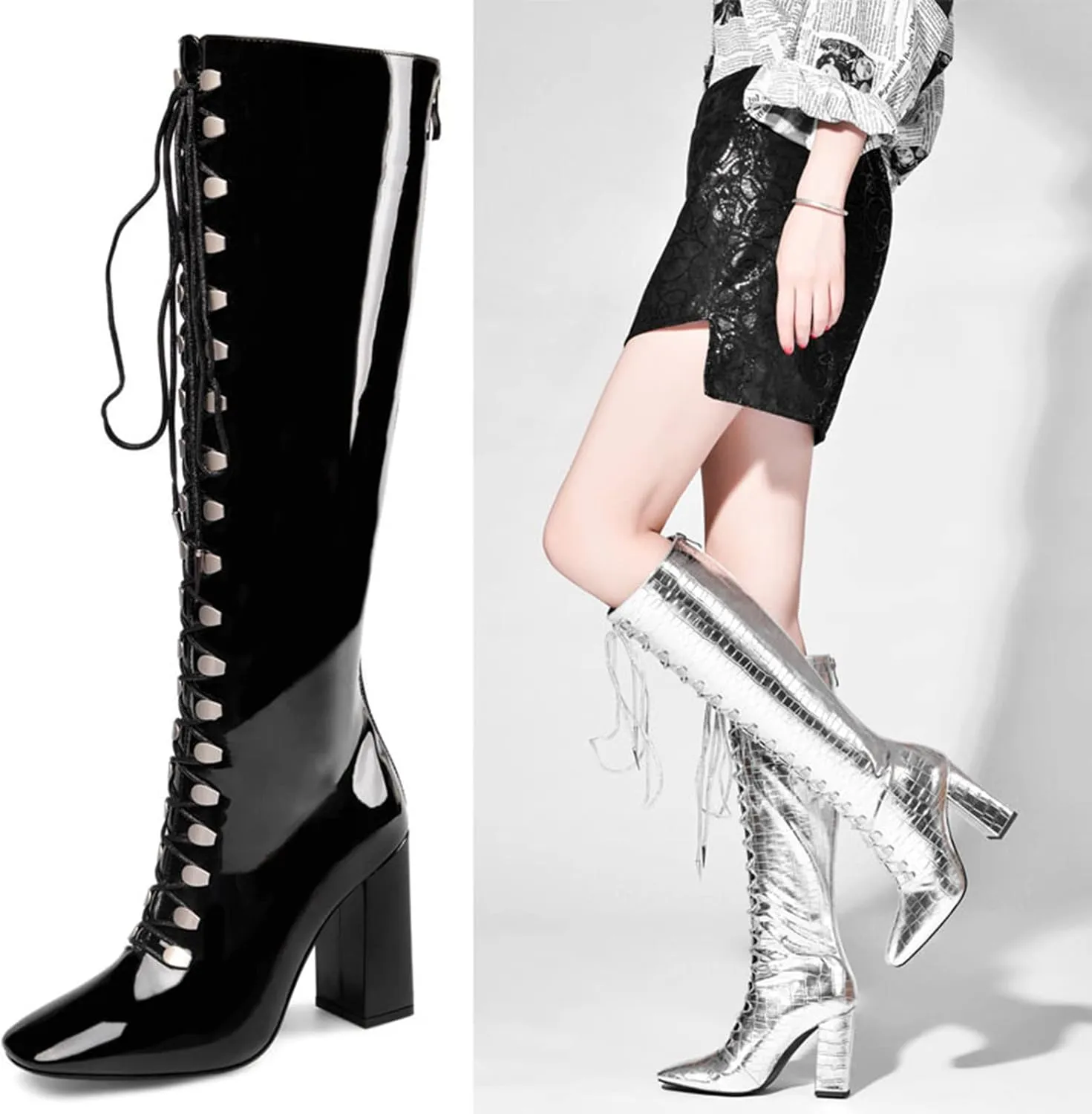 9Cm High Heels Ladies Sexy Over The Knee Boots Patent Leather Lace Up Ladies Dance High Heels