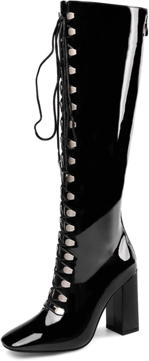 9Cm High Heels Ladies Sexy Over The Knee Boots Patent Leather Lace Up Ladies Dance High Heels