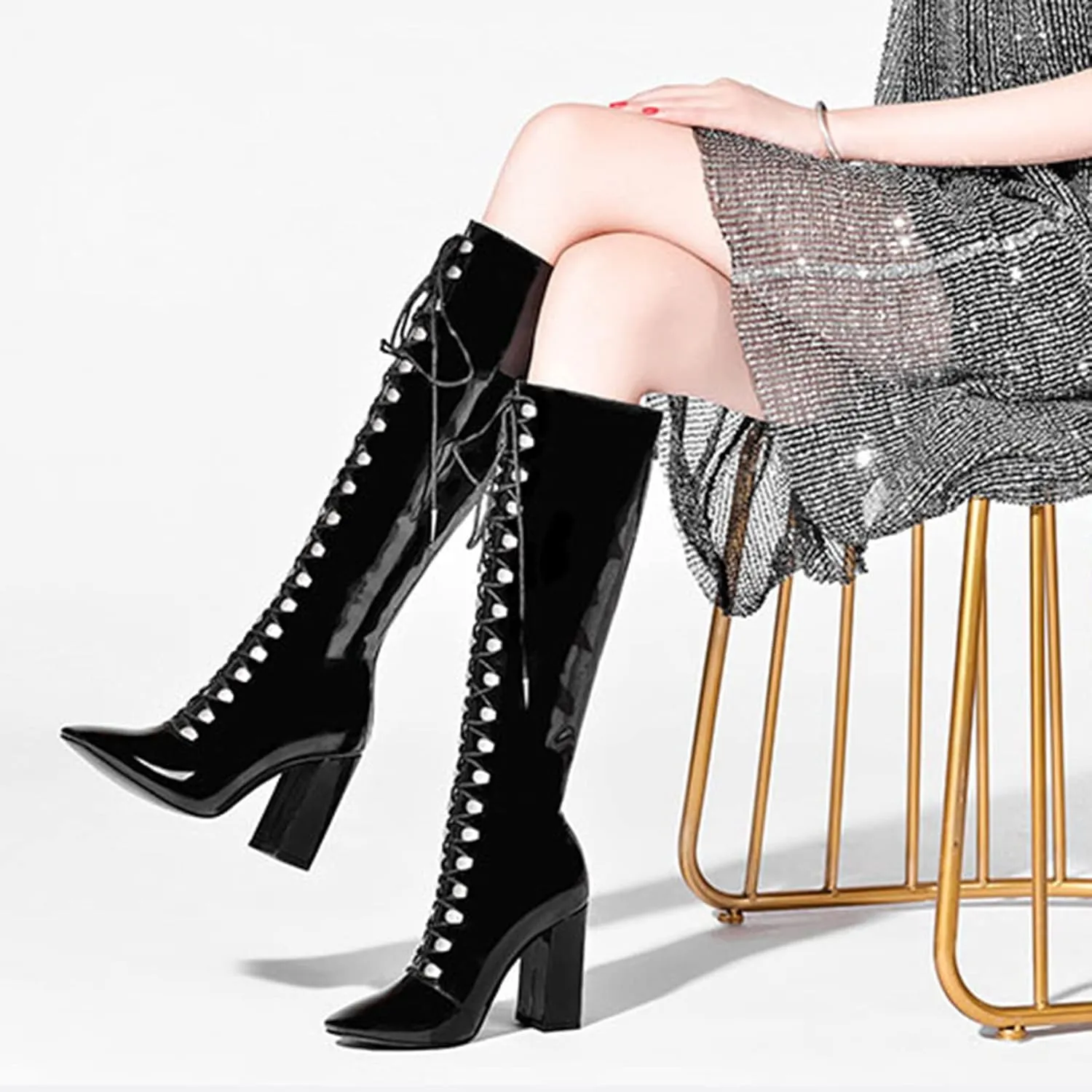 9Cm High Heels Ladies Sexy Over The Knee Boots Patent Leather Lace Up Ladies Dance High Heels