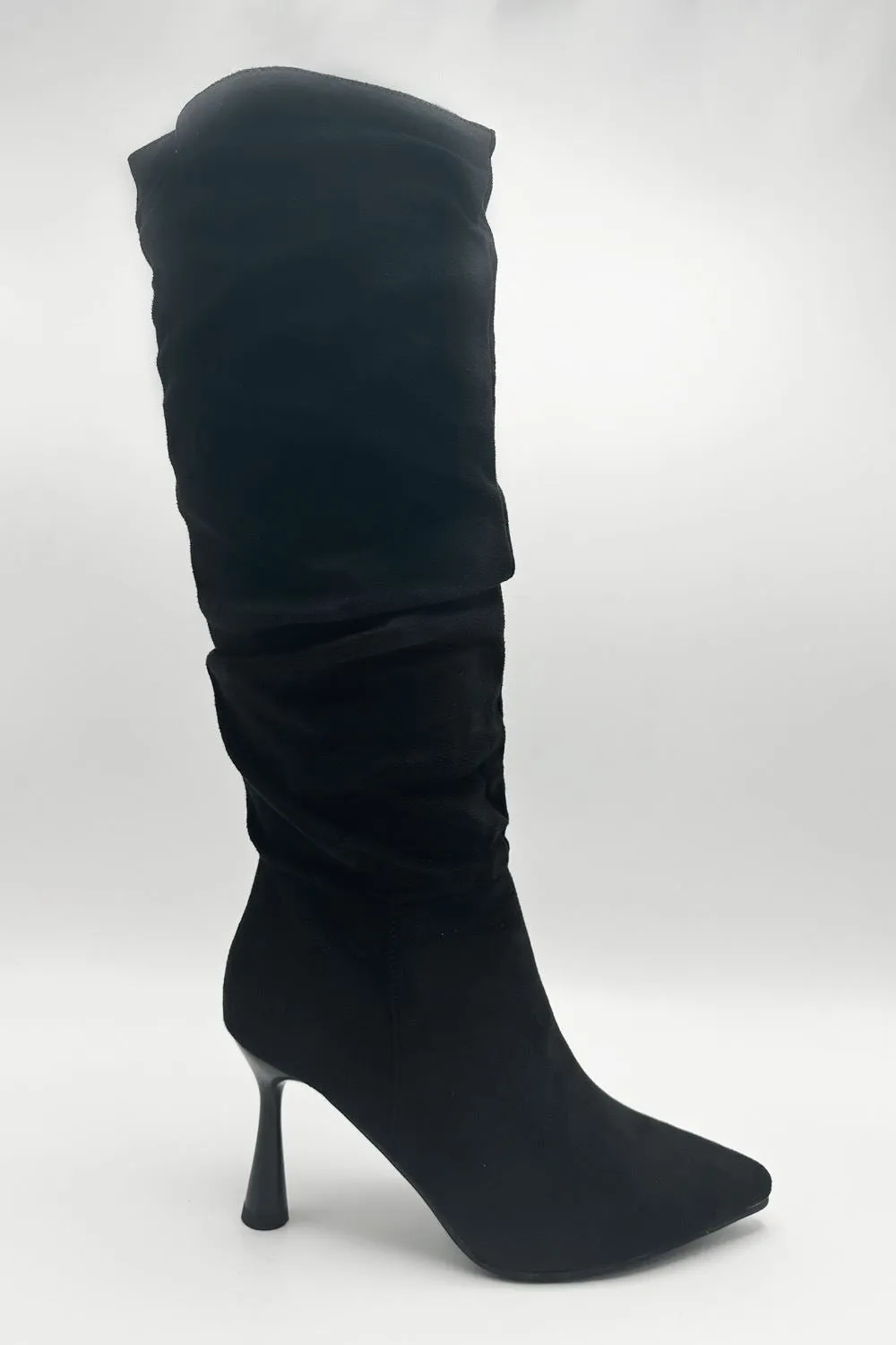 Advinee Ruched Pointed Toe Knee High Heeled Boots in Black Suede