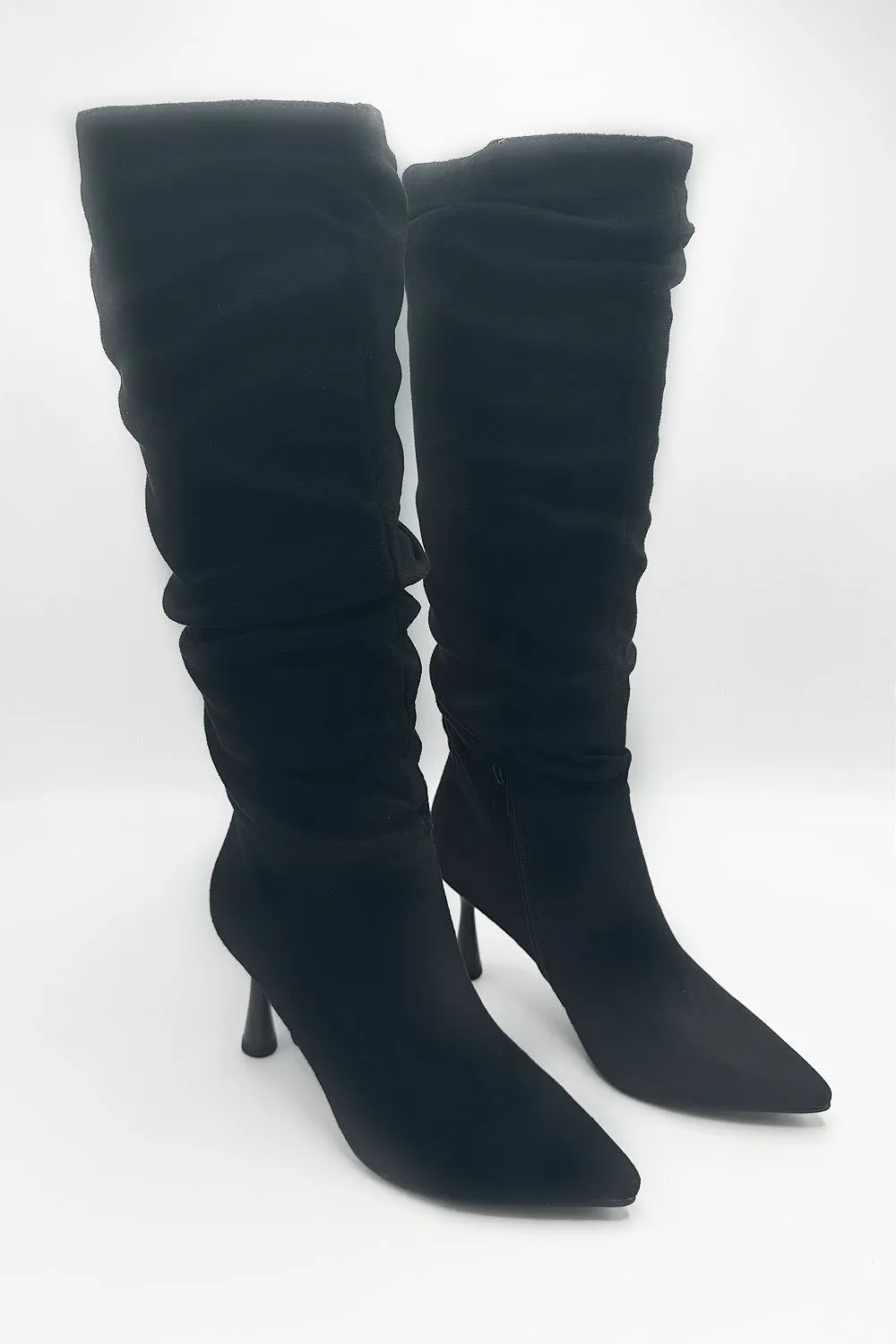 Advinee Ruched Pointed Toe Knee High Heeled Boots in Black Suede