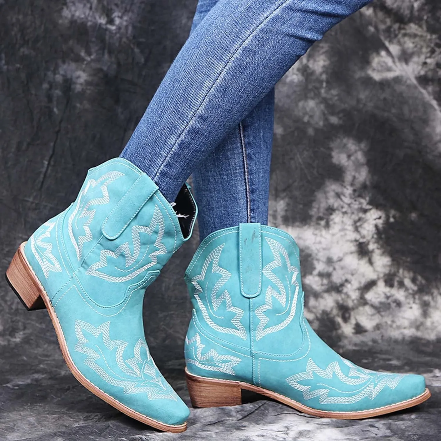 Ankle Boots for Women Classic Embroidered Pointed Toe Square Heel Slip On Cowboy Boots for Women Western Boot Bootie