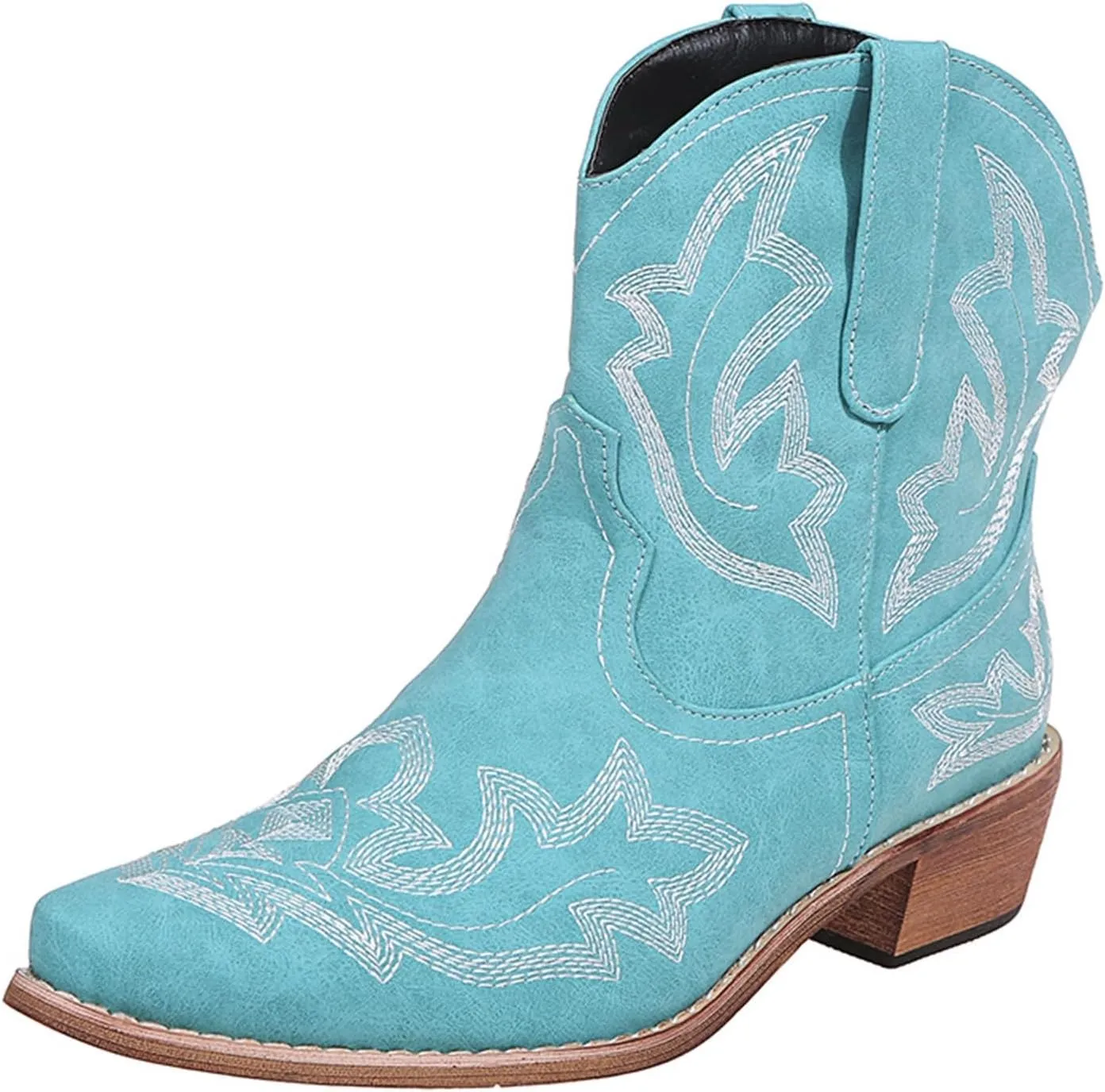 Ankle Boots for Women Classic Embroidered Pointed Toe Square Heel Slip On Cowboy Boots for Women Western Boot Bootie