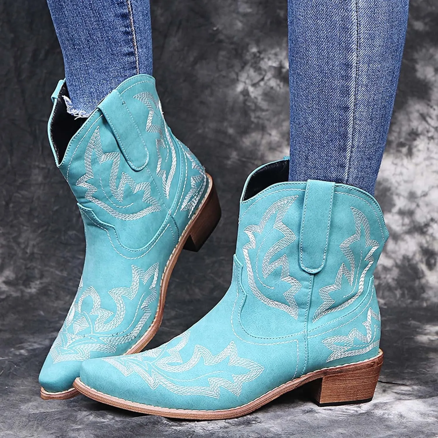 Ankle Boots for Women Classic Embroidered Pointed Toe Square Heel Slip On Cowboy Boots for Women Western Boot Bootie