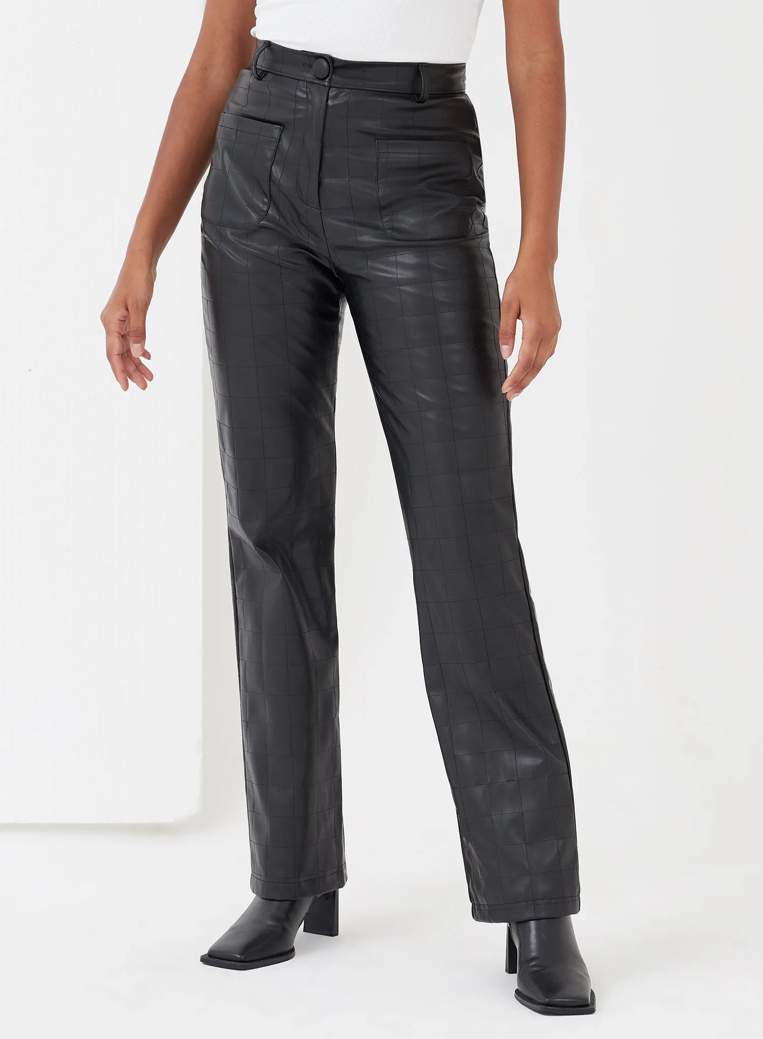 Black Check Stitch Faux Leather Trousers - Hutton