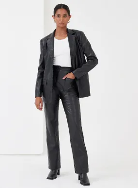 Black Check Stitch Faux Leather Trousers - Hutton