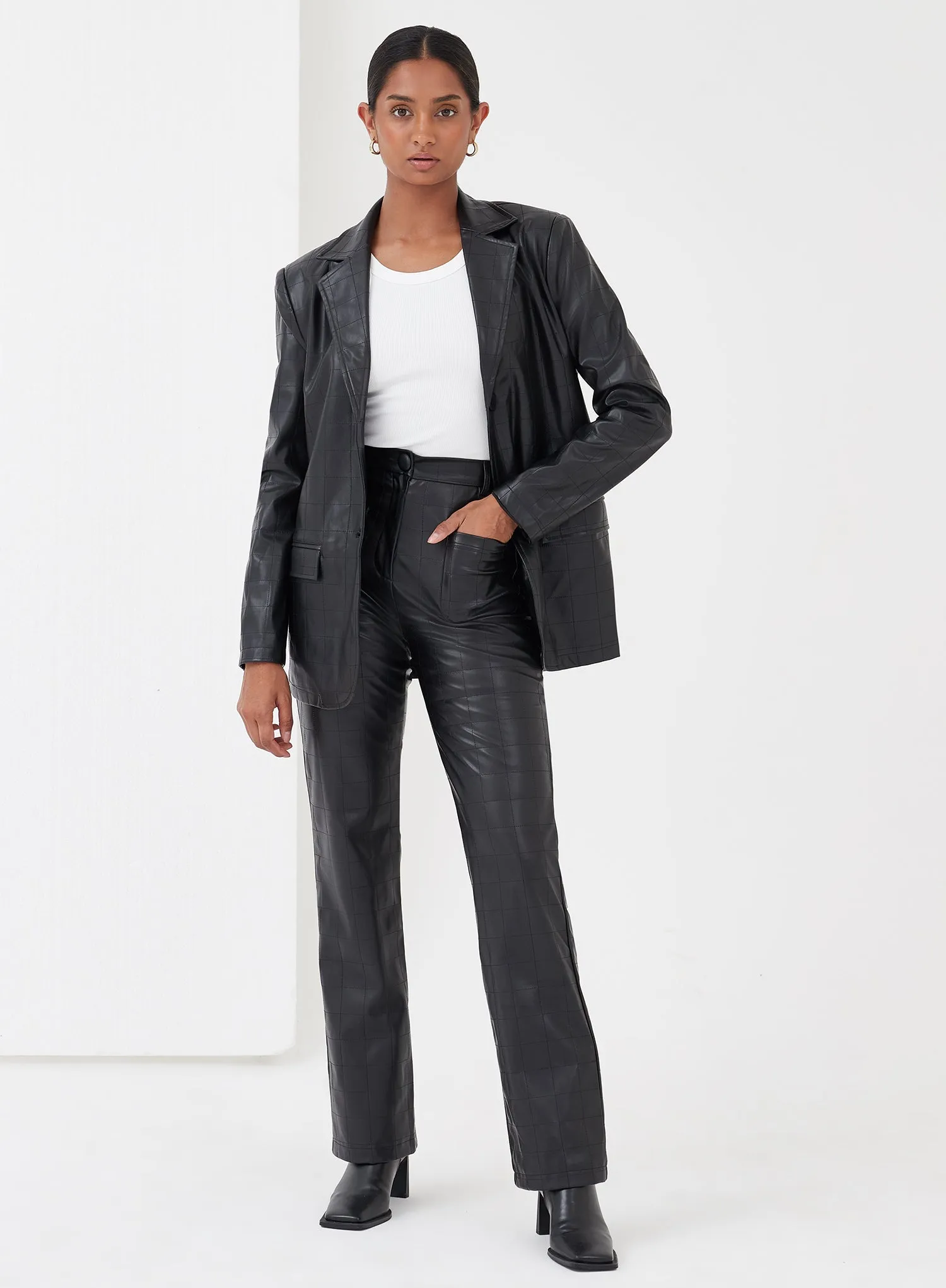 Black Check Stitch Faux Leather Trousers - Hutton