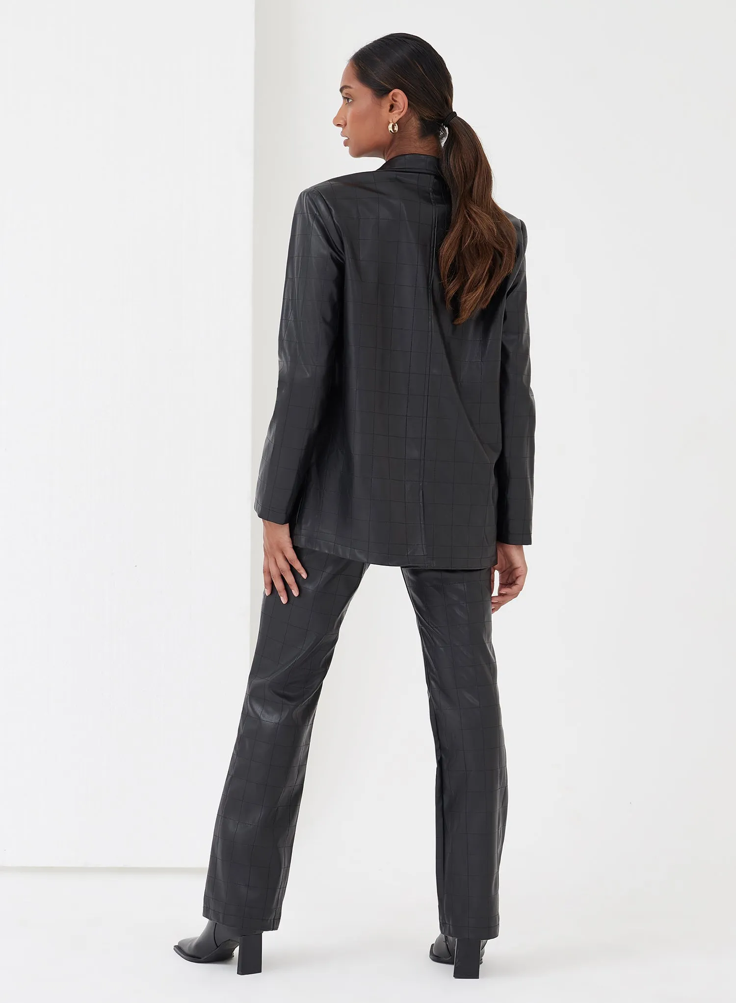 Black Check Stitch Faux Leather Trousers - Hutton