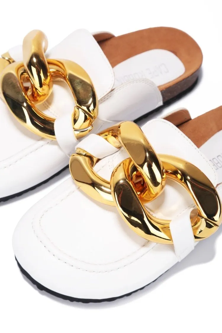 Cape Robbin Colinda White Vegan Slip On Big Buckle Gold Slides Mules Sandals