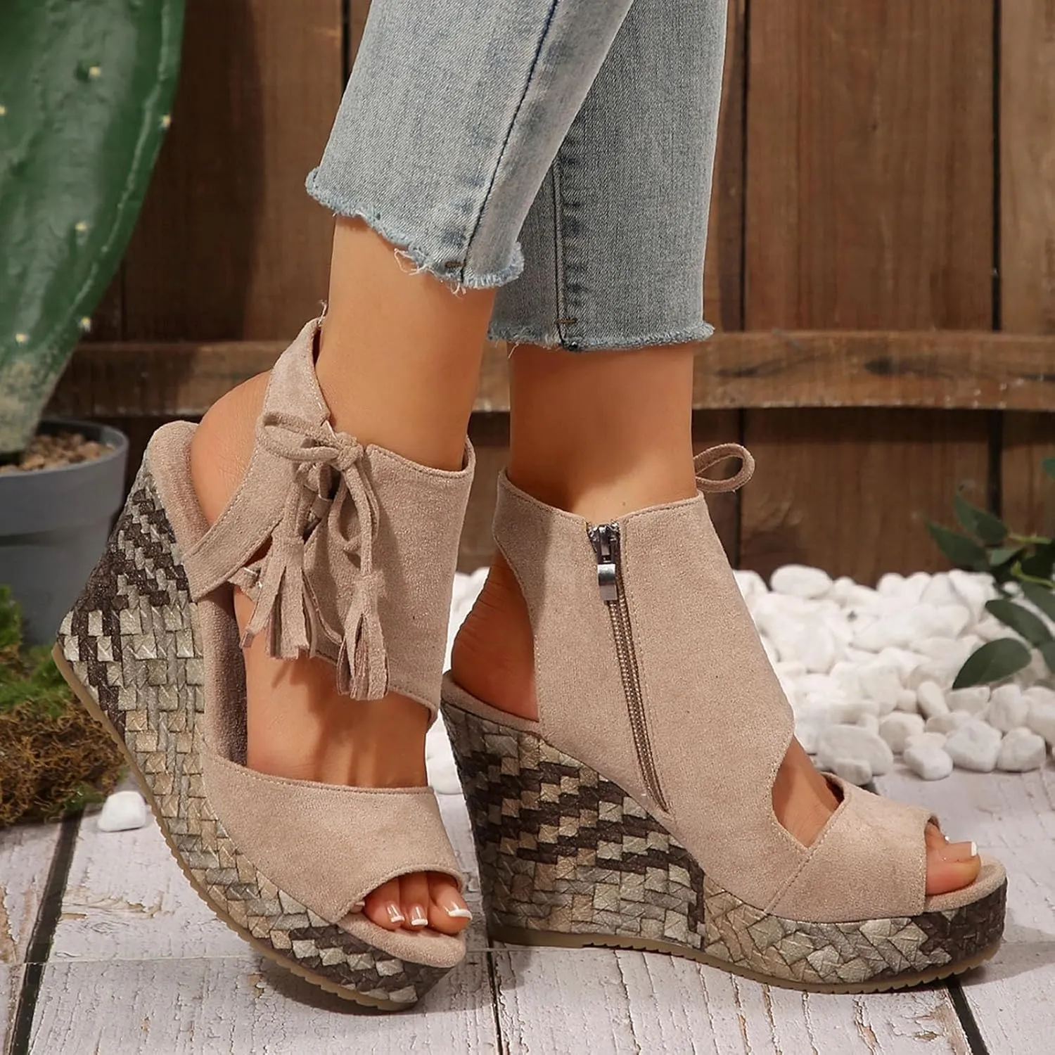 Cathalem Espadrilles Wedges for Women 2025,Wide Width Platform Wedge Sandals Summer Dressy Open Toe Elastic Ankle Strap Tassel Sandal