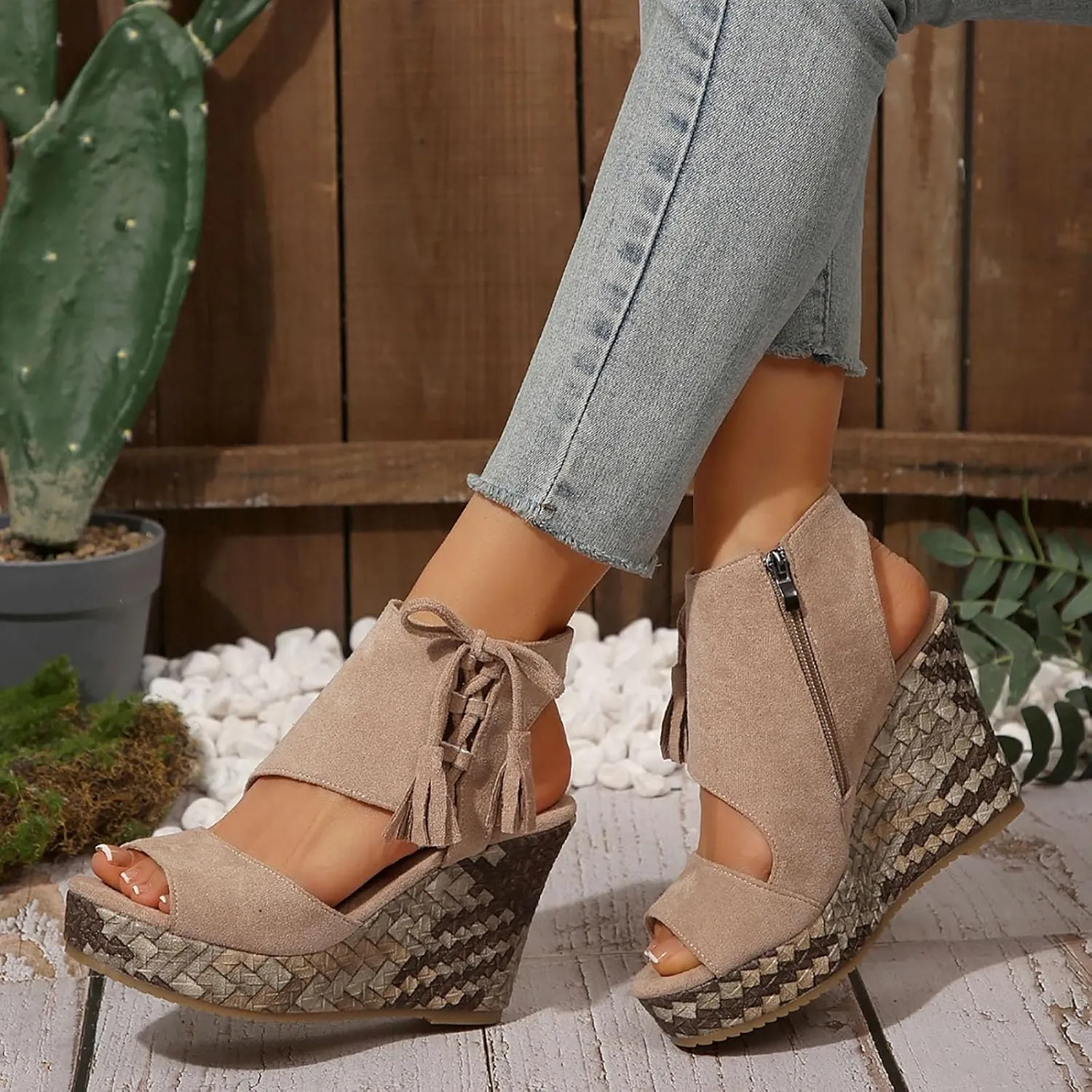 Cathalem Espadrilles Wedges for Women 2025,Wide Width Platform Wedge Sandals Summer Dressy Open Toe Elastic Ankle Strap Tassel Sandal