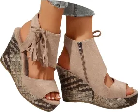 Cathalem Espadrilles Wedges for Women 2025,Wide Width Platform Wedge Sandals Summer Dressy Open Toe Elastic Ankle Strap Tassel Sandal