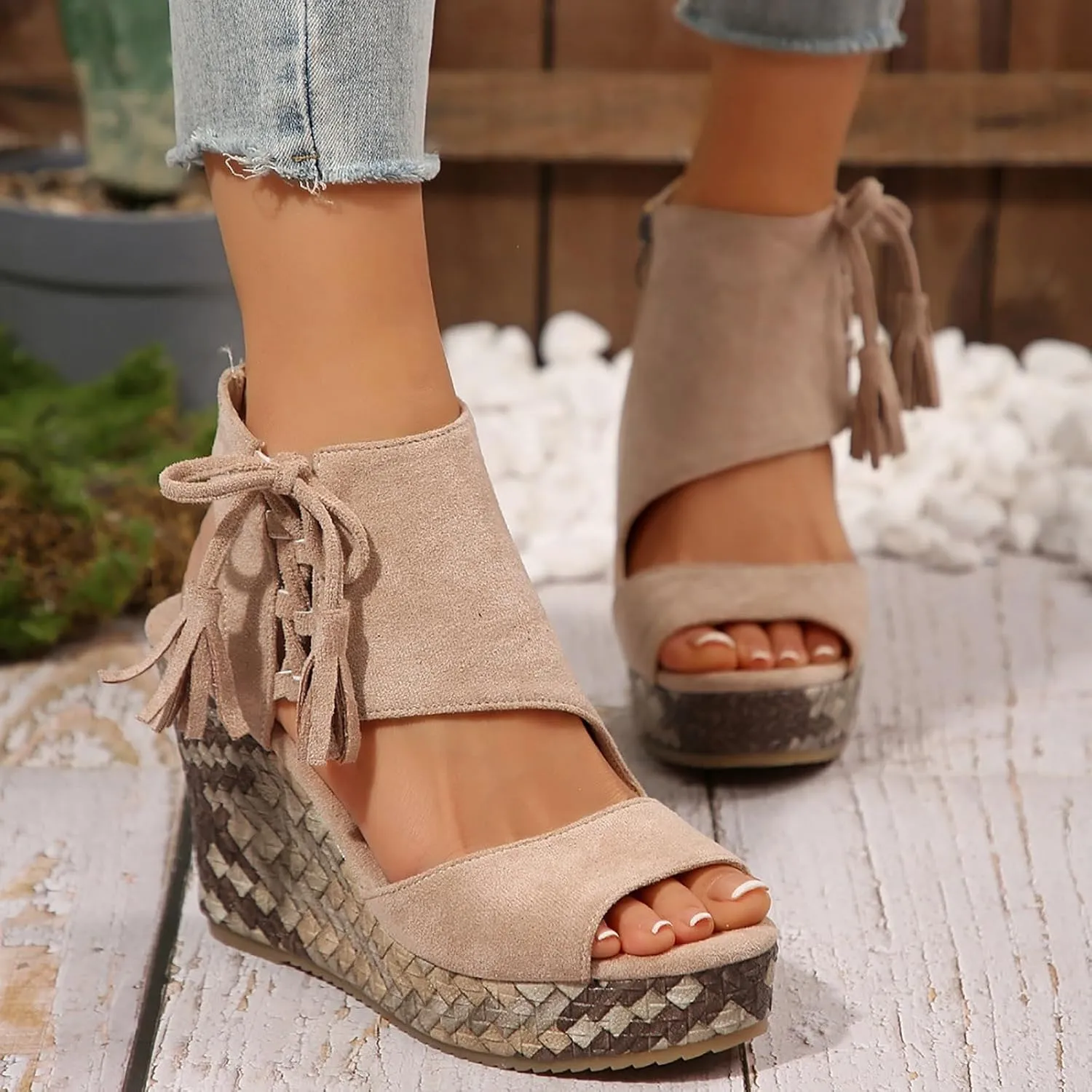 Cathalem Espadrilles Wedges for Women 2025,Wide Width Platform Wedge Sandals Summer Dressy Open Toe Elastic Ankle Strap Tassel Sandal