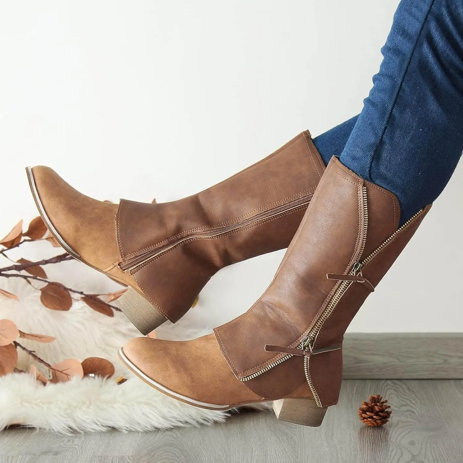 Cathalem Mid Calf Boots for Women Buckle Strap Wide Calf Cowboy Boots Square Toe Western Cowgirl Boots Womens Western Boots