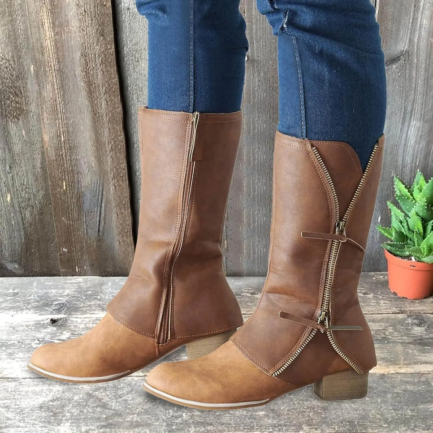Cathalem Mid Calf Boots for Women Buckle Strap Wide Calf Cowboy Boots Square Toe Western Cowgirl Boots Womens Western Boots