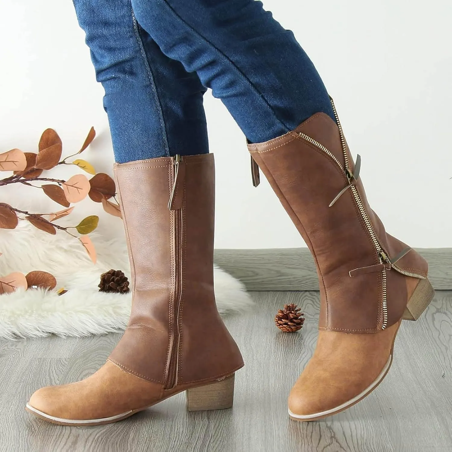 Cathalem Mid Calf Boots for Women Buckle Strap Wide Calf Cowboy Boots Square Toe Western Cowgirl Boots Womens Western Boots
