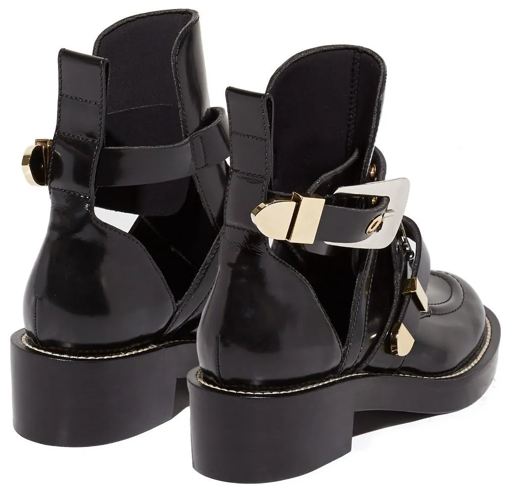 'Ceinture' Black Cut-Out Leather Ankle Boots - Black