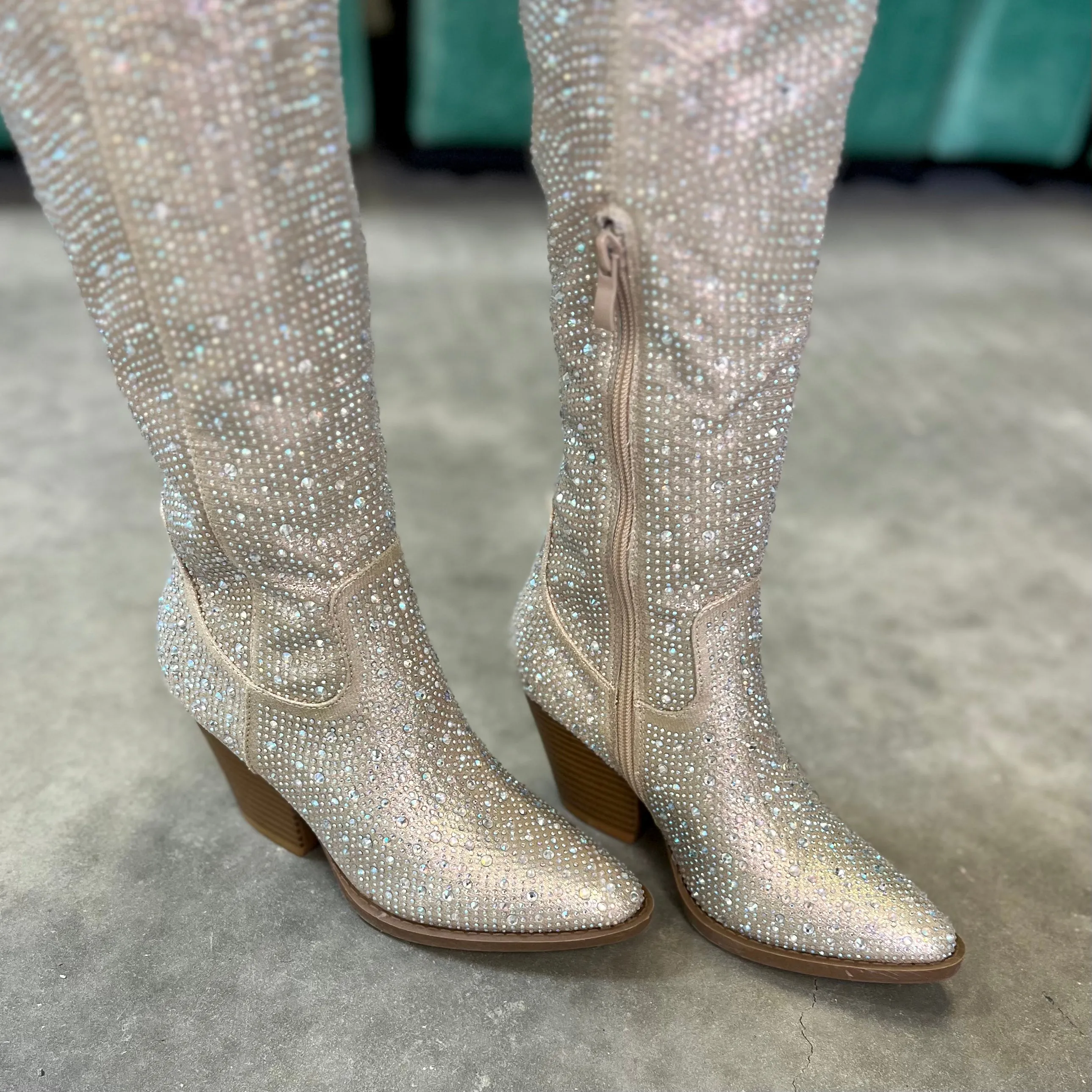 Champagne Bring Ya To Your Knees Rhinestone Boots*