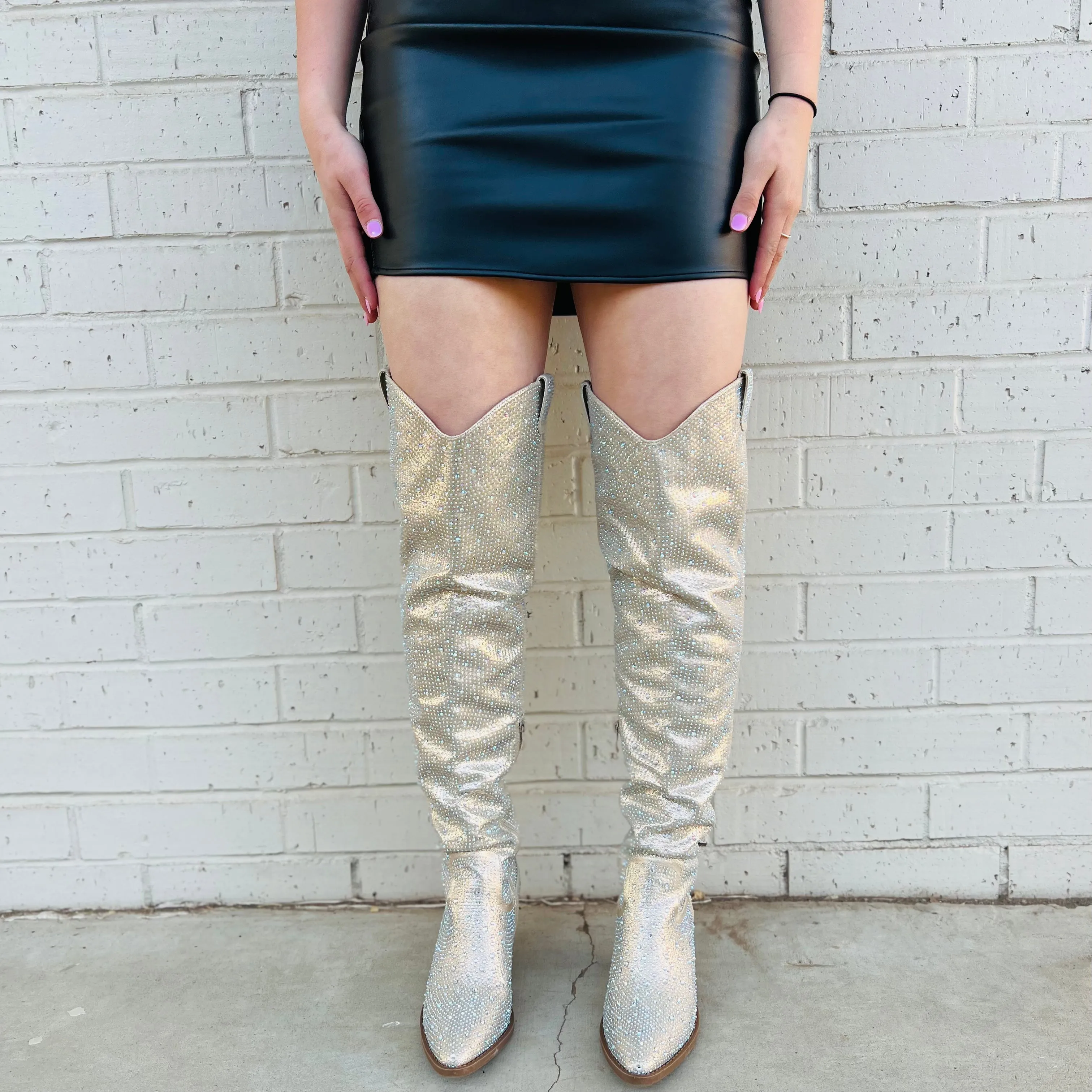 Champagne Bring Ya To Your Knees Rhinestone Boots*
