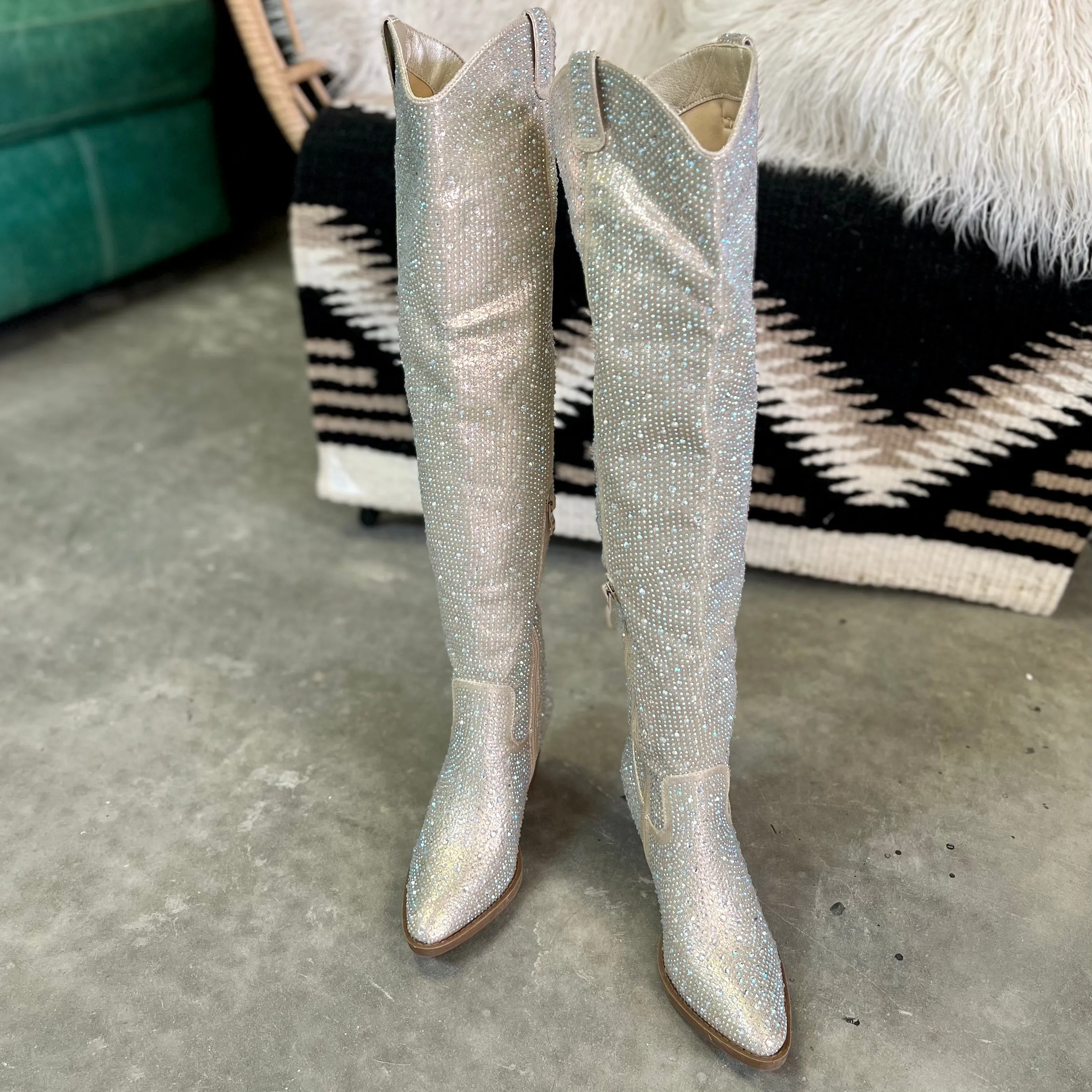 Champagne Bring Ya To Your Knees Rhinestone Boots*