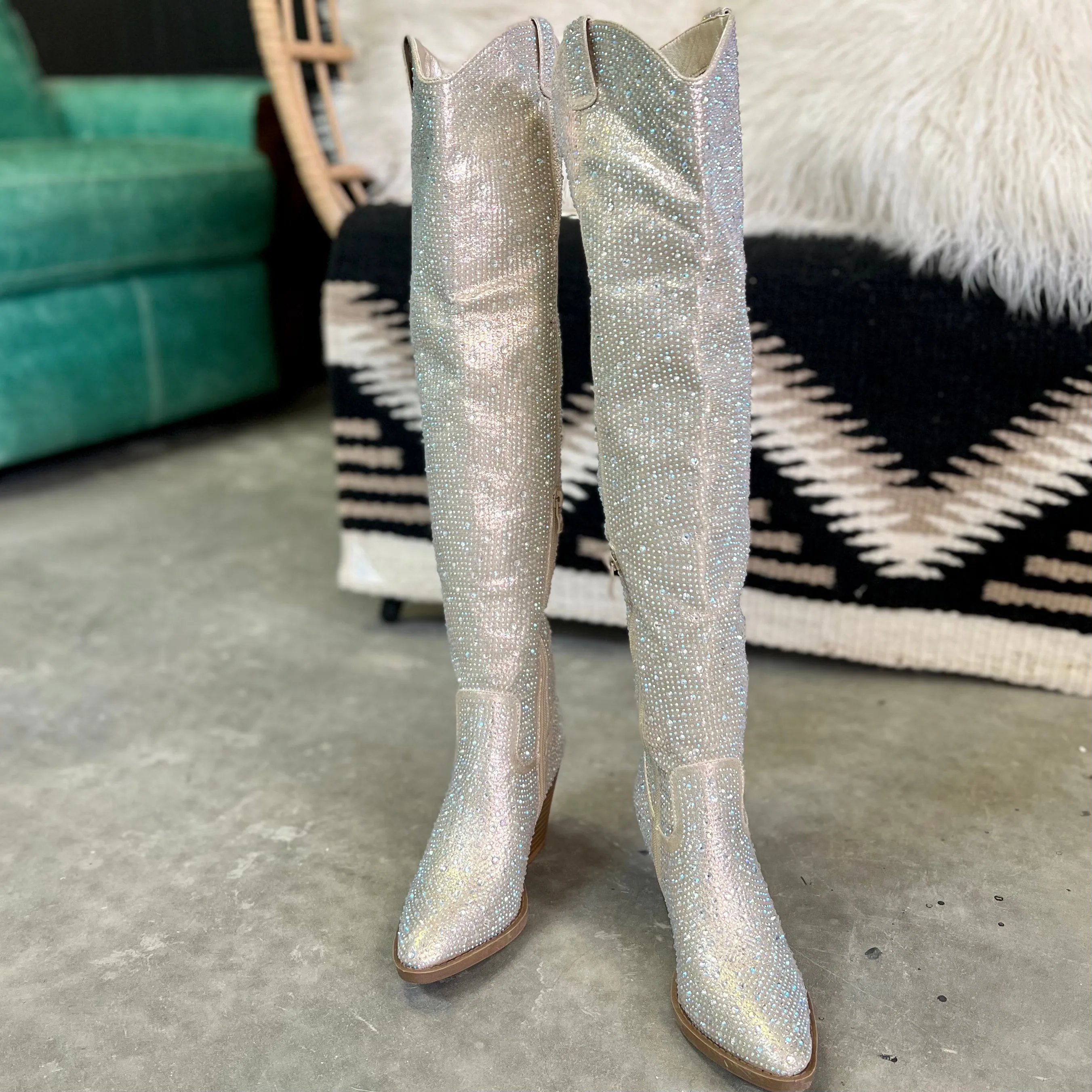 Champagne Bring Ya To Your Knees Rhinestone Boots*