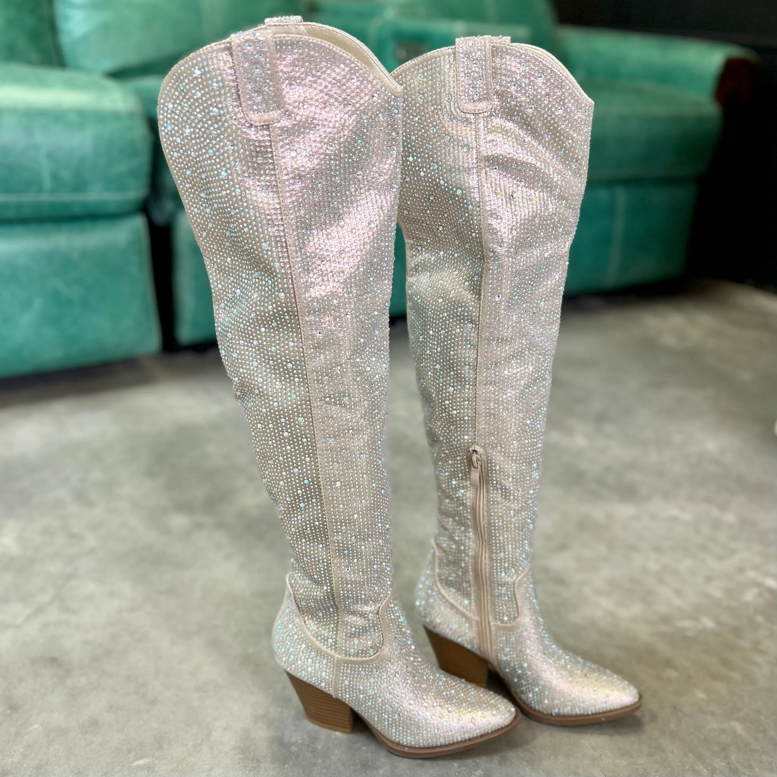 Champagne Bring Ya To Your Knees Rhinestone Boots*