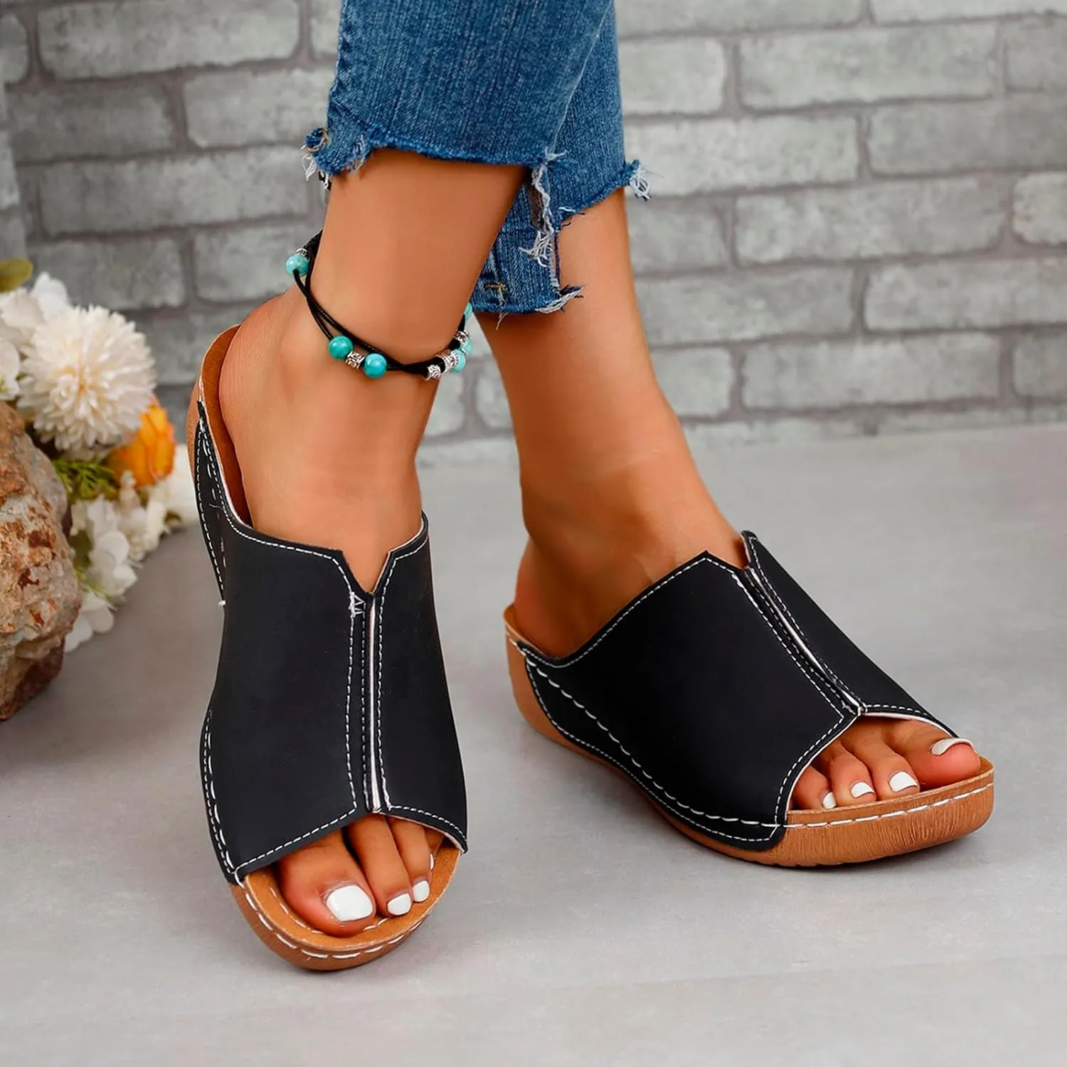 Damping Sole Upgradation Stretch Lightweight Sandals, Reef Platform Sandals Wedges Low Heel Rubber Arch Support Cushion Slip on Going Out Dressy Comfortable Black Slides Wedge Slippers