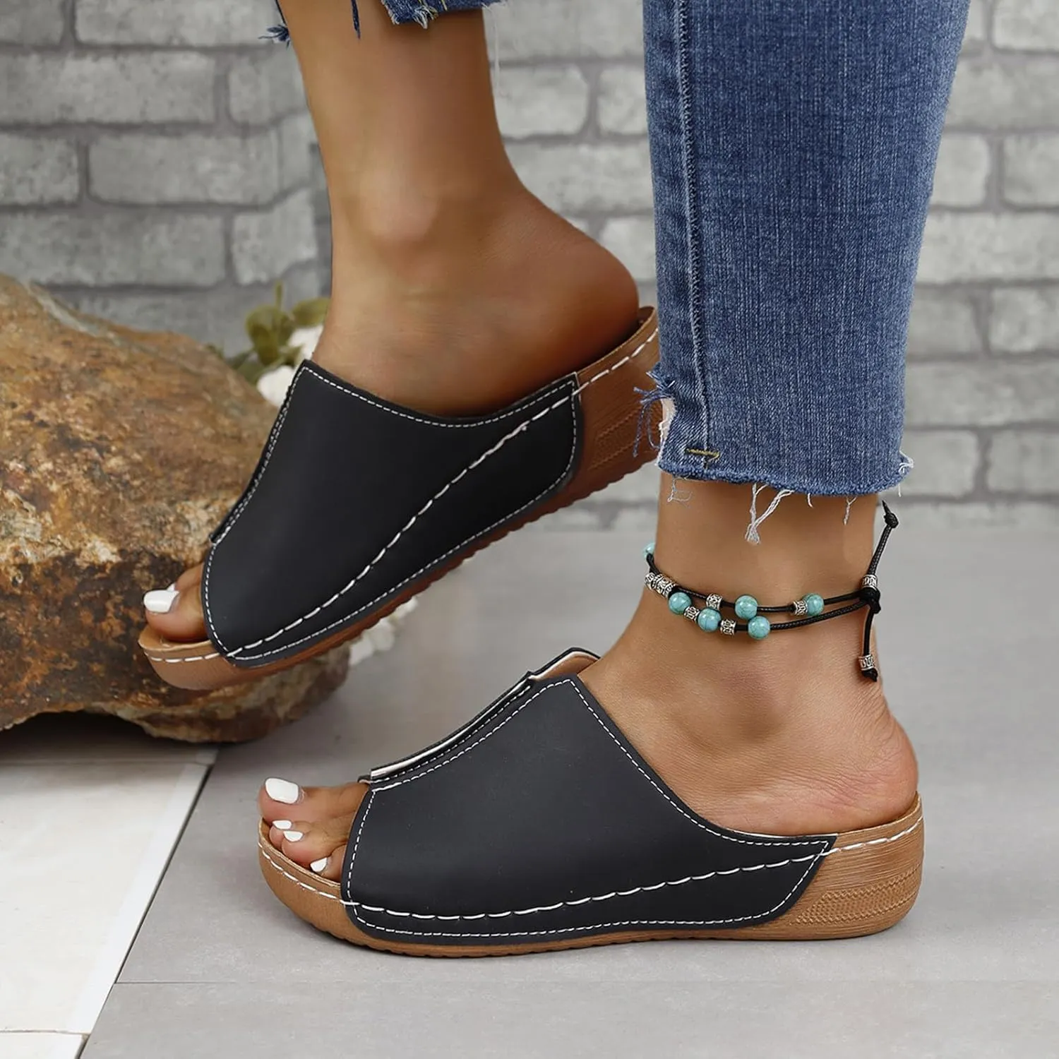 Damping Sole Upgradation Stretch Lightweight Sandals, Reef Platform Sandals Wedges Low Heel Rubber Arch Support Cushion Slip on Going Out Dressy Comfortable Black Slides Wedge Slippers