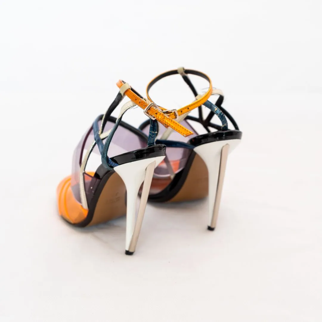 Fendi Orange PVC and Black Leather Sandal Heels  37