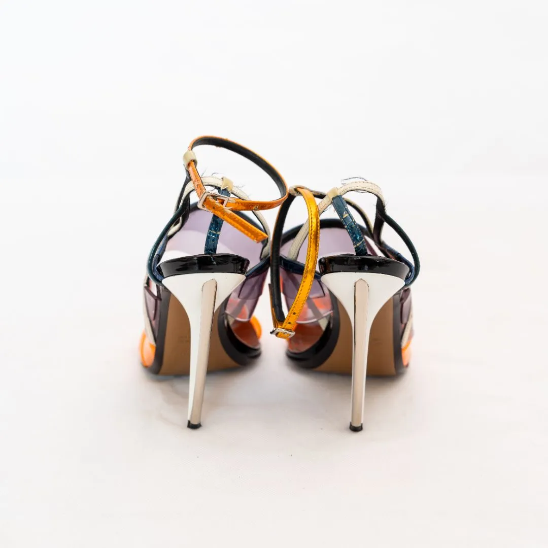 Fendi Orange PVC and Black Leather Sandal Heels  37