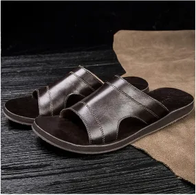 GHYUB Beach Skidproof Slippers,Mens Leather Sandals, Comfortable Handmade Genuine Leather Shoes Men Casual Slip On House Shoes Indoor Closed-Toe Shoes Leather Sandals