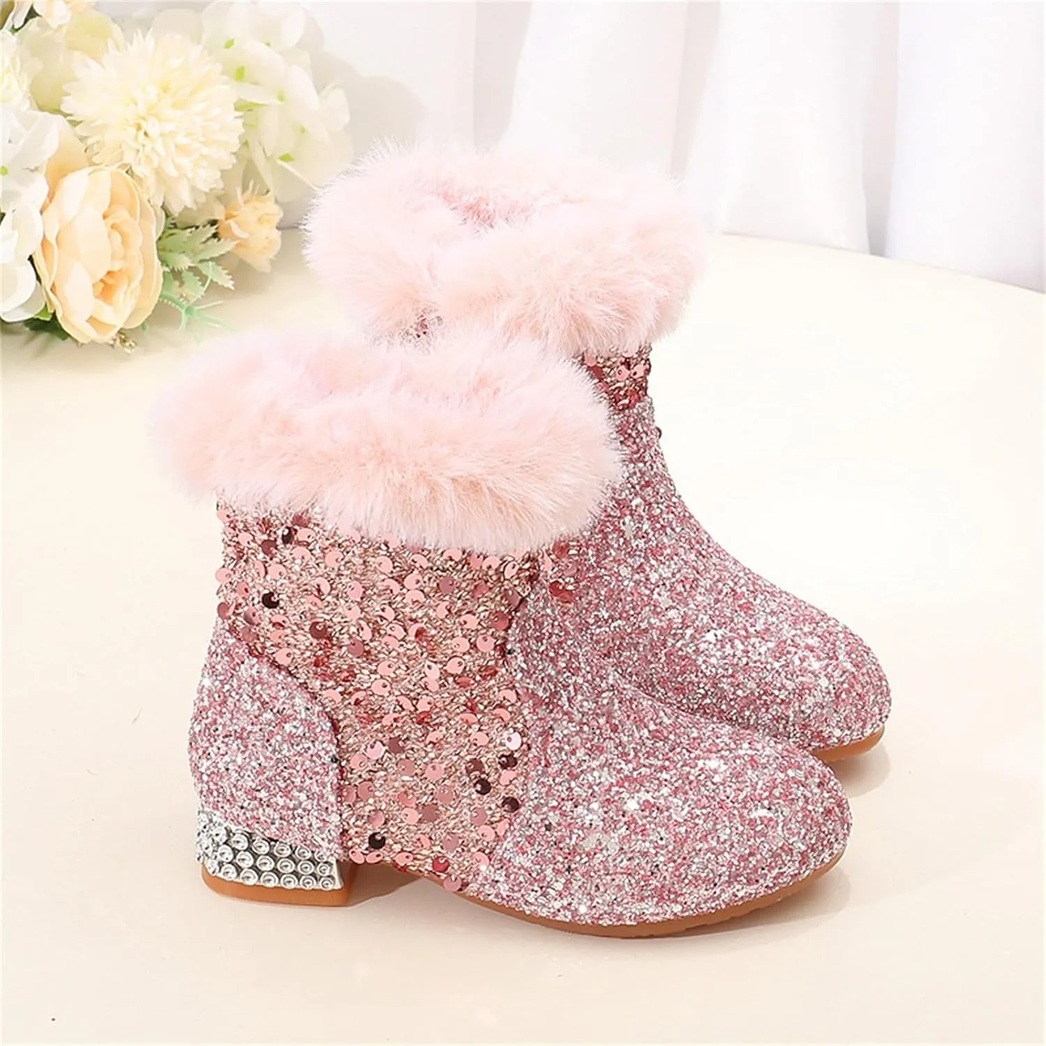 Girls Chunky Sequin Ankle Boots Low Heel Sparkly Glitter Booties Fleece Fr Lined Warm Shoes with Cute Shoes for Girls