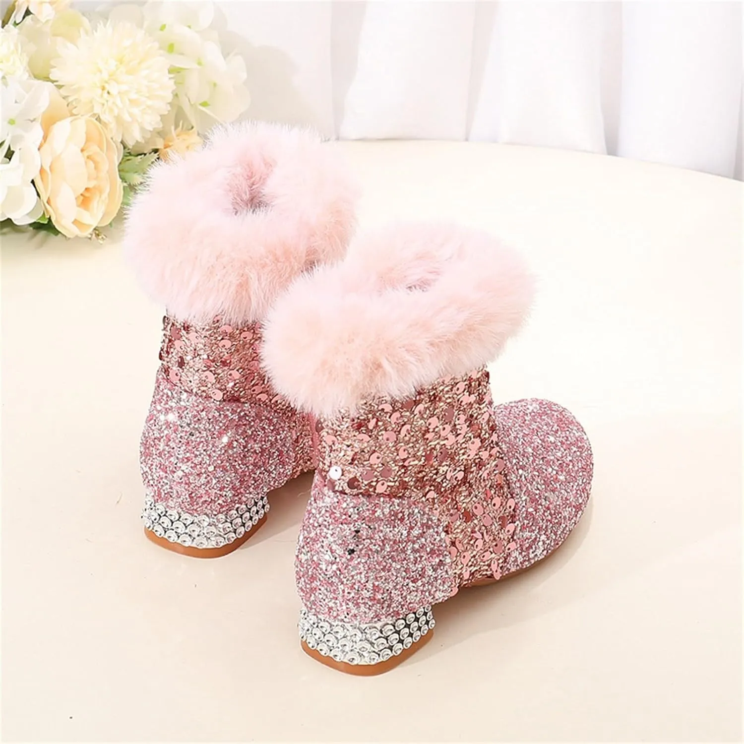 Girls Chunky Sequin Ankle Boots Low Heel Sparkly Glitter Booties Fleece Fr Lined Warm Shoes with Cute Shoes for Girls