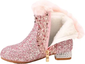 Girls Chunky Sequin Ankle Boots Low Heel Sparkly Glitter Booties Fleece Fr Lined Warm Shoes with Cute Shoes for Girls
