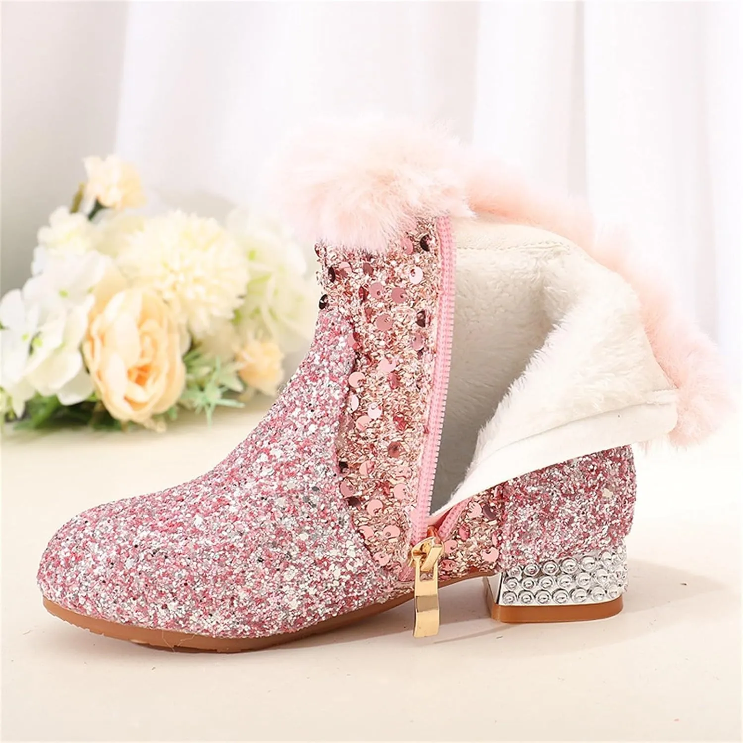 Girls Chunky Sequin Ankle Boots Low Heel Sparkly Glitter Booties Fleece Fr Lined Warm Shoes with Cute Shoes for Girls