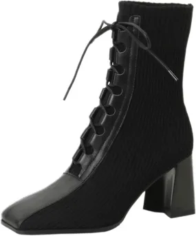 High Heel High Heels and Autumn Splicing Female Stretch Hose Boots with High Heels Short Boots(6.5 UK) High Heel