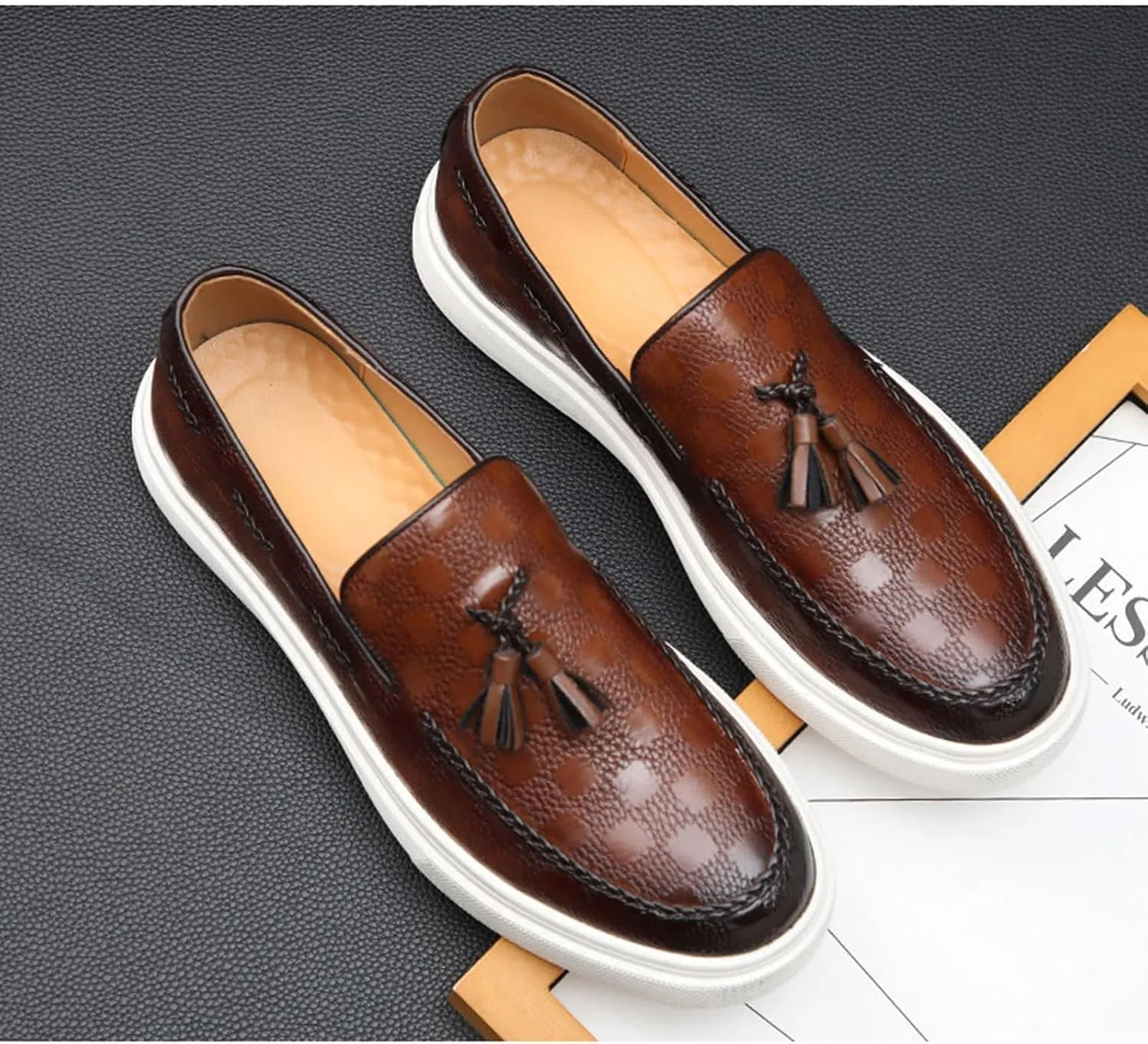 Men's PU Leather Slip-On Tassel Loafers Casual Platform Shoes Lightweight Driving Flat Leather Loafers