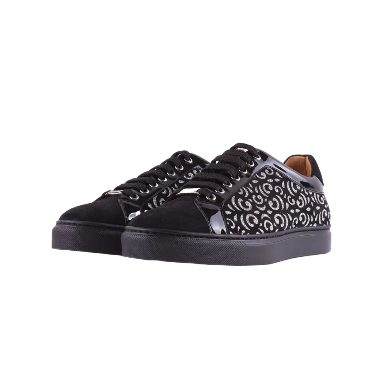 Mister 39697 Funes Men's Shoes Black Glitter Print / Patent / Suede Leather Casual Sneakers (MIS1022)