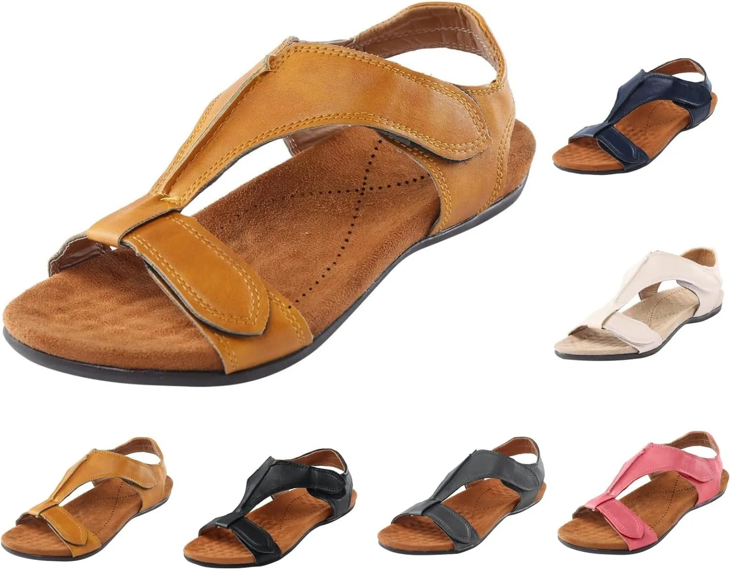 Orthopedic Flat Sandals for Women Summer Comfortable Adjustable Strap Slip On Beach Walking Sandals with Arch Support Open Toe Soft Cushion Footbed Sandal