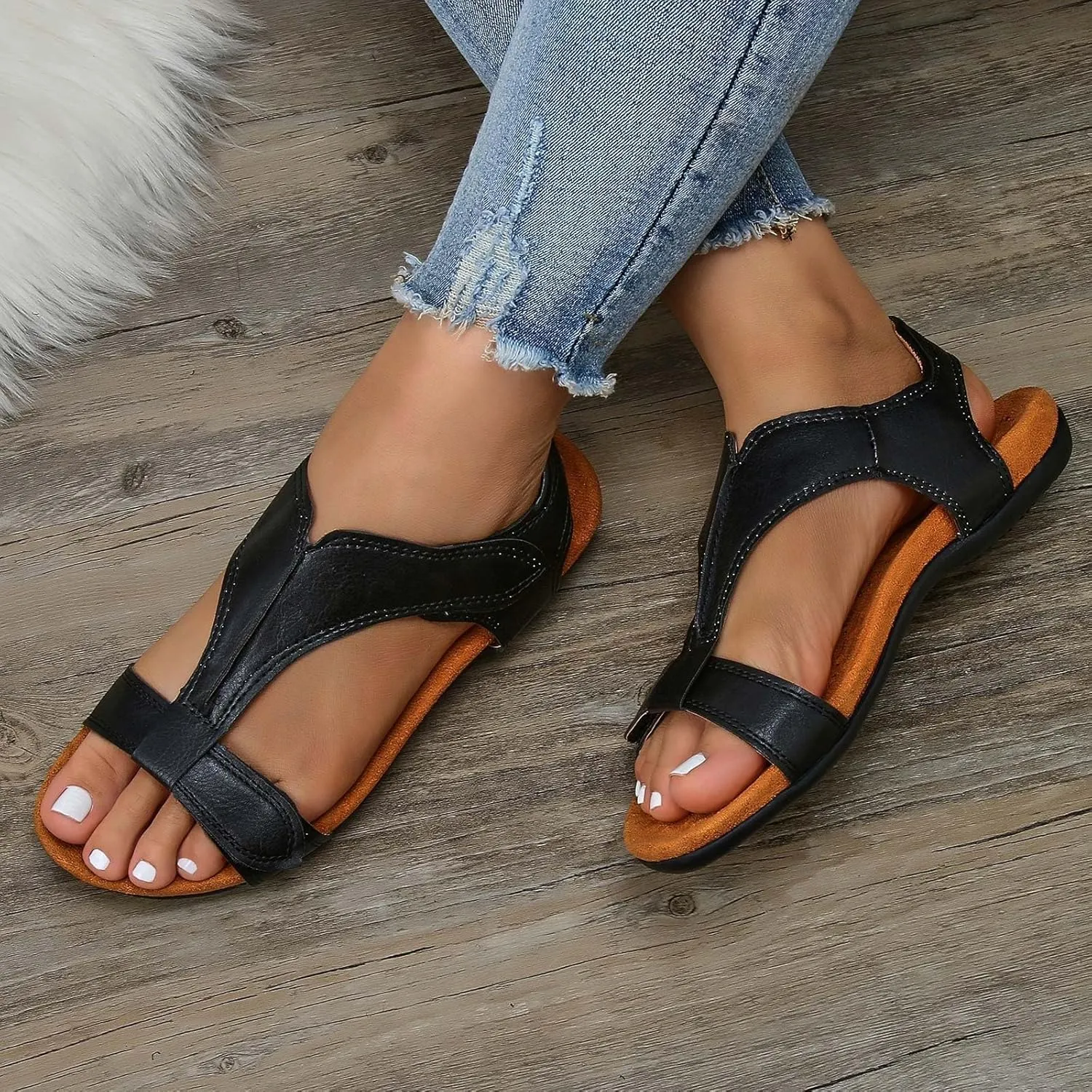 Orthopedic Flat Sandals for Women Summer Comfortable Adjustable Strap Slip On Beach Walking Sandals with Arch Support Open Toe Soft Cushion Footbed Sandal