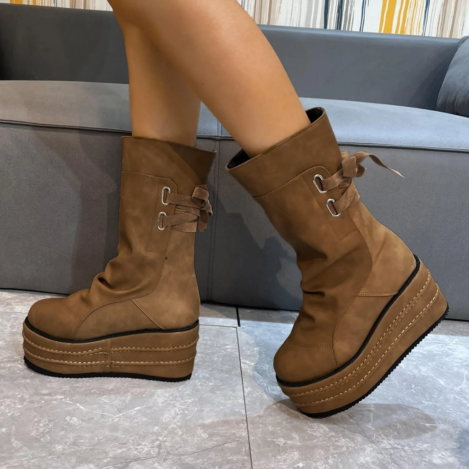 peqiut Knee High Boots Women Platform Wedge Cowboy Boots for Women Retro Lace Up Breathable Wide Calf Womens Boots