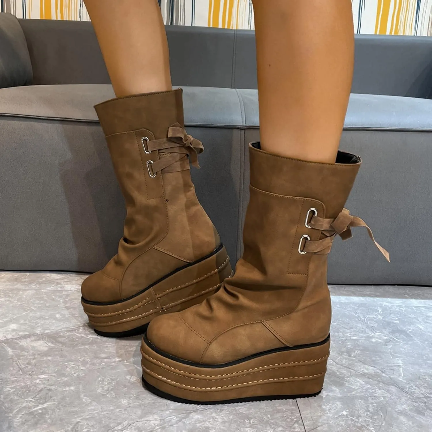 peqiut Knee High Boots Women Platform Wedge Cowboy Boots for Women Retro Lace Up Breathable Wide Calf Womens Boots