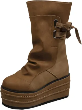 peqiut Knee High Boots Women Platform Wedge Cowboy Boots for Women Retro Lace Up Breathable Wide Calf Womens Boots