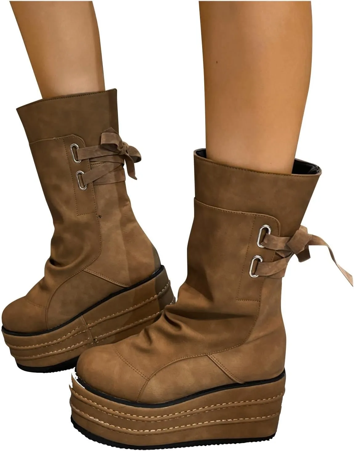 peqiut Knee High Boots Women Platform Wedge Cowboy Boots for Women Retro Lace Up Breathable Wide Calf Womens Boots