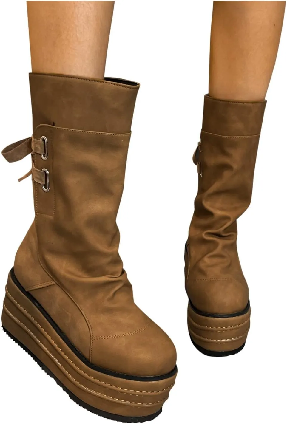 peqiut Knee High Boots Women Platform Wedge Cowboy Boots for Women Retro Lace Up Breathable Wide Calf Womens Boots