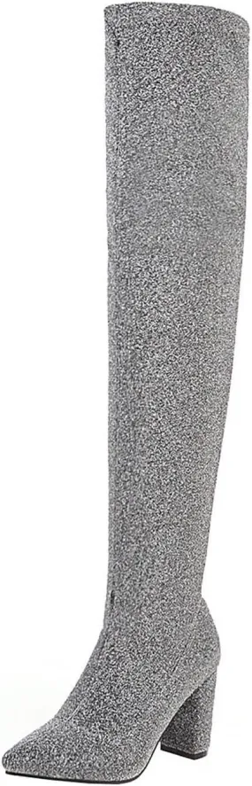 wodceeke Women's Thigh High Suede Boots Over the Knee Stretch Boots Pointed Toe Chunky Heel Winter Knit Sexy Long Boots