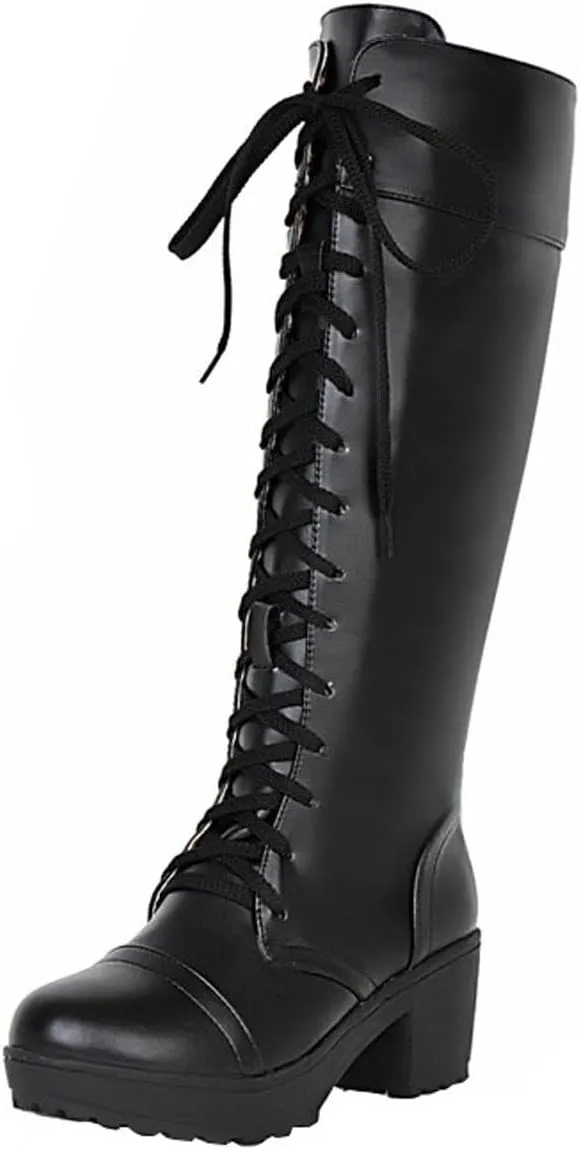 Women's Lace Up Knee High Fashion Boots Chunky Heel Platform Boots Punk Goth Motorcycle Combat Boots