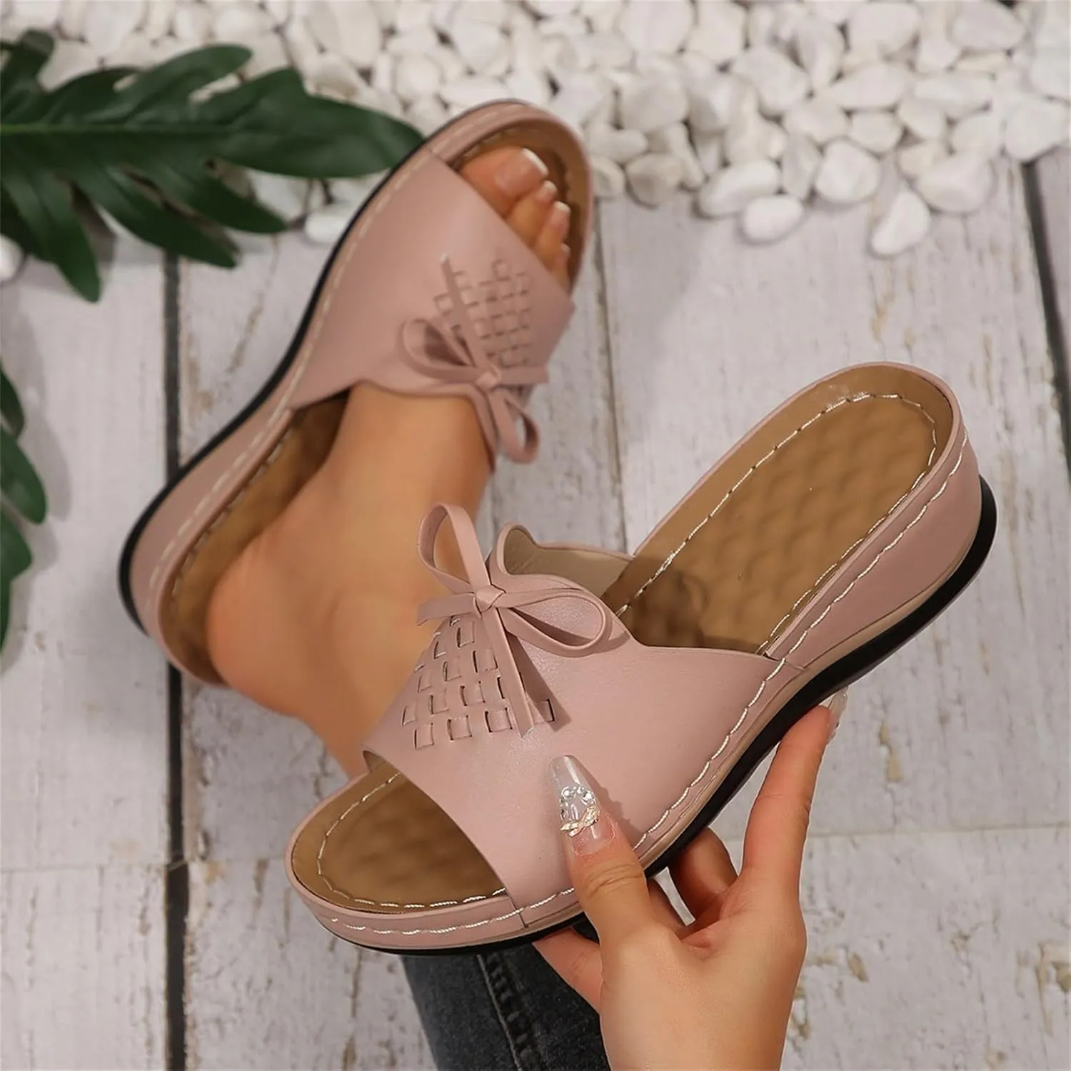 Women's Slip-On Wedge Sandals Chic Bow Orthopedic Sandals Lightweight Comfortable Open Toe Slippers Summer Beach Slip-On Shoes Soft Insole & Anti-Slip Sole Boho Slingback Sandal