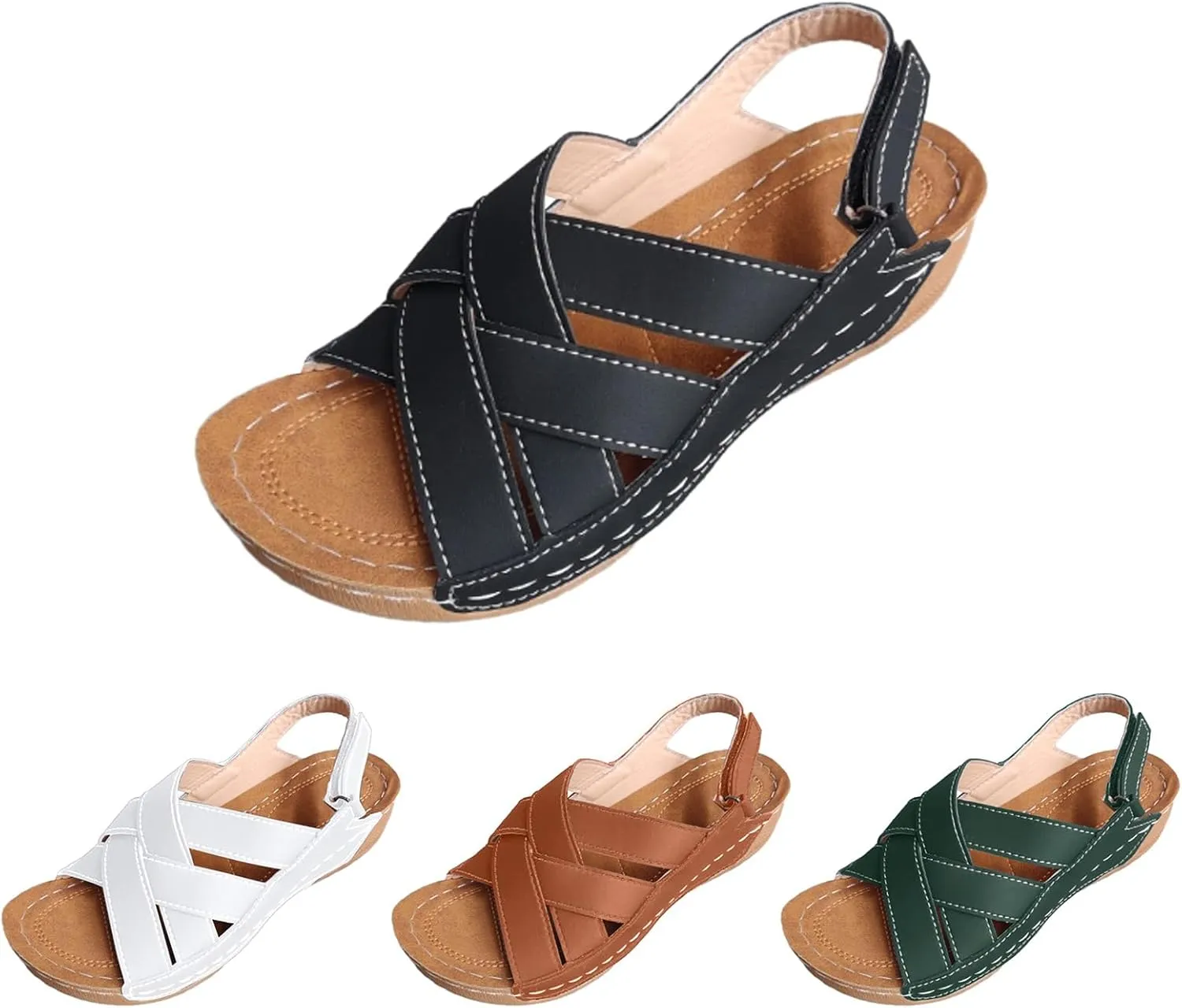 Womens Wedge Sandals Leather Dressy Casual Slip On Summer Sandals Open Toe Slingback Adjustable Hook and Loop Fastener Fashion Beach Walking Shoes